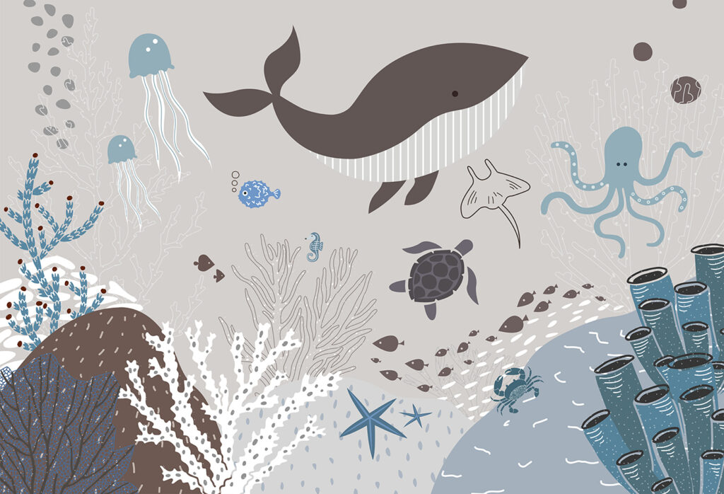 A sea life with a whale and seaweed A sea life with a whale and seaweed