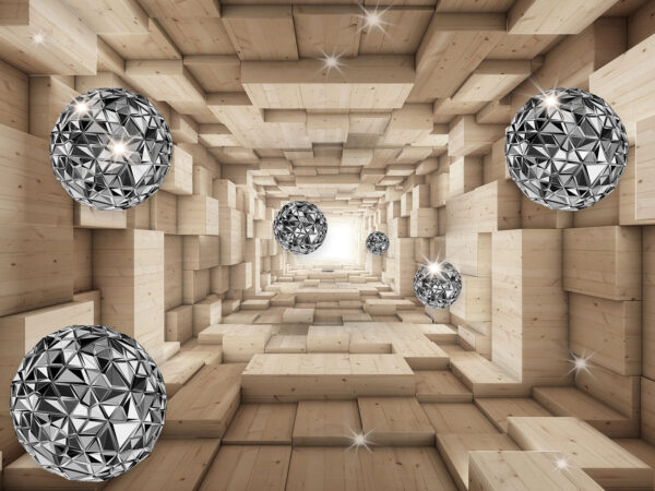 Room with wood and silver balls Room with wood and silver balls