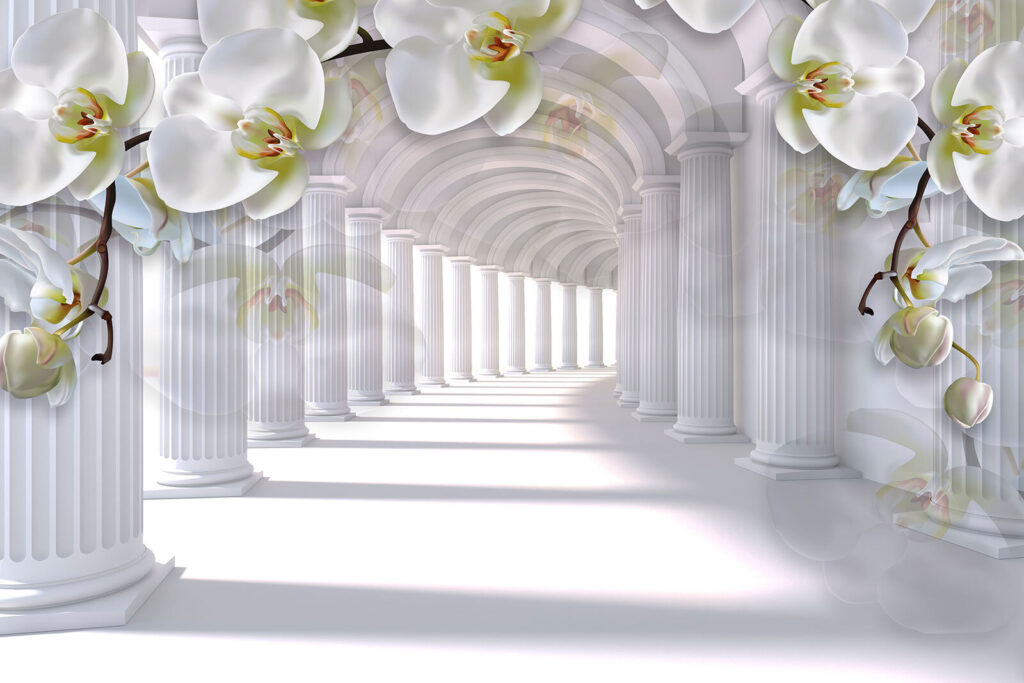 White columns and flowers in a hallway White columns and flowers in a hallway