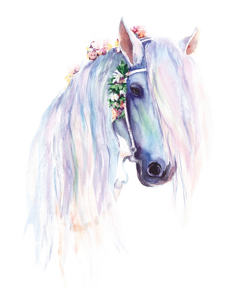 Watercolor of a horse with flowers on its head Watercolor of a horse with flowers on its head