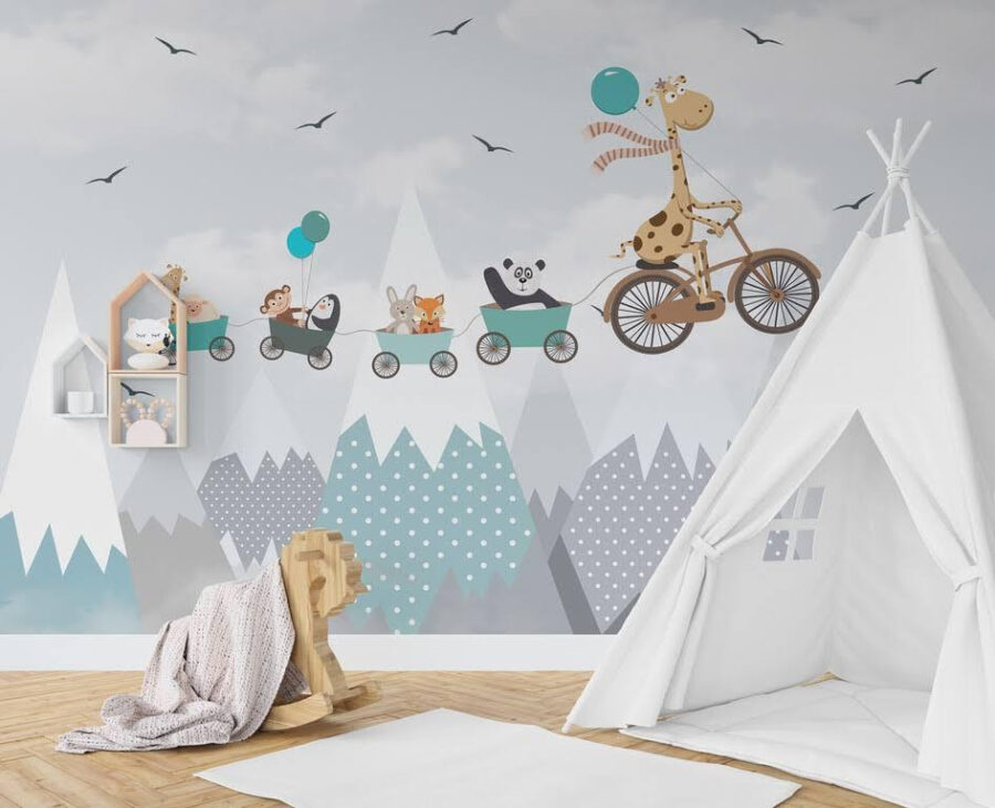 Giraffe riding a bicycle with a train and animals
