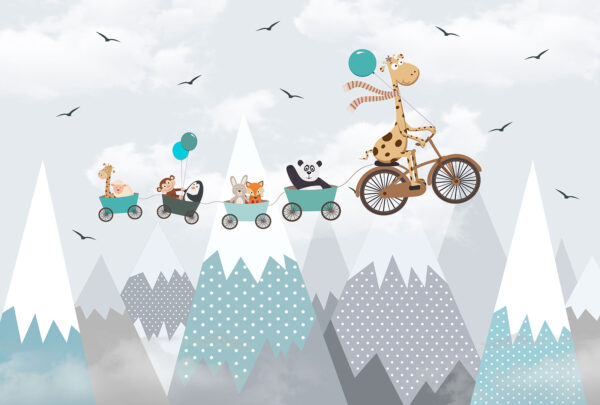 Giraffe riding a bicycle with a train and animals Giraffe riding a bicycle with a train and animals