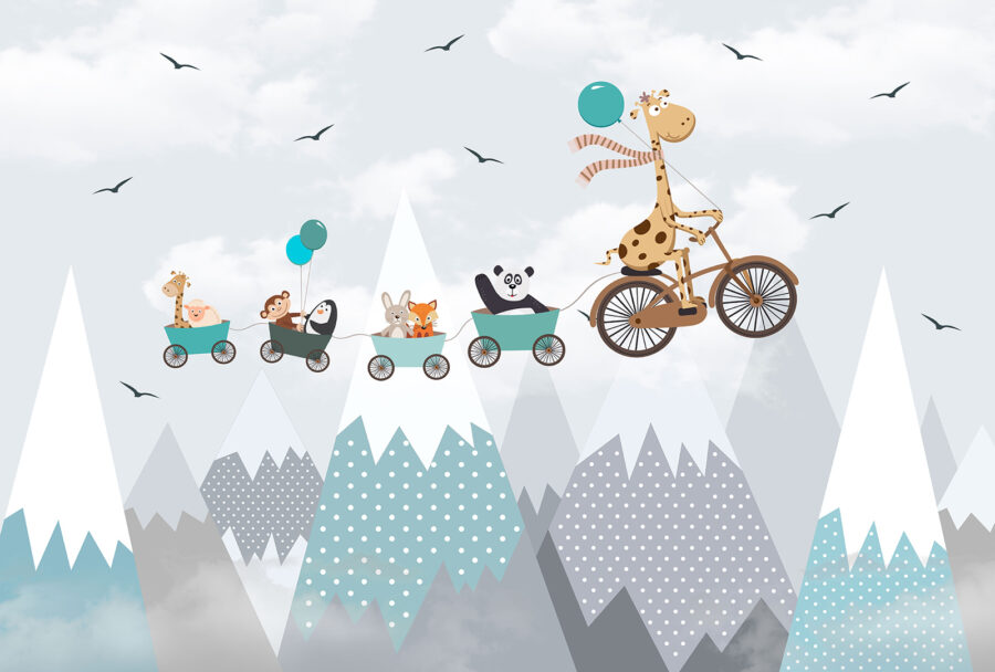 Giraffe riding a bicycle with a train and animals