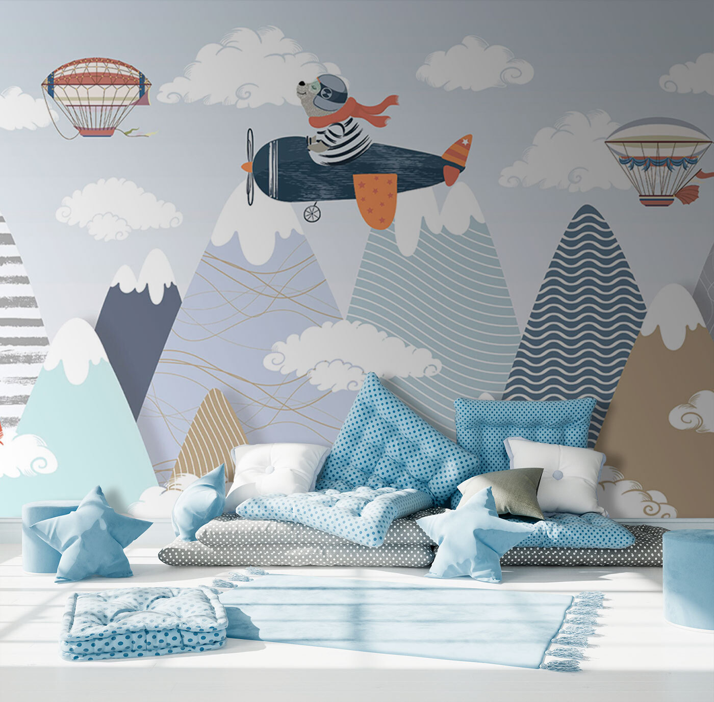 Cartoon bear flying on an airplane