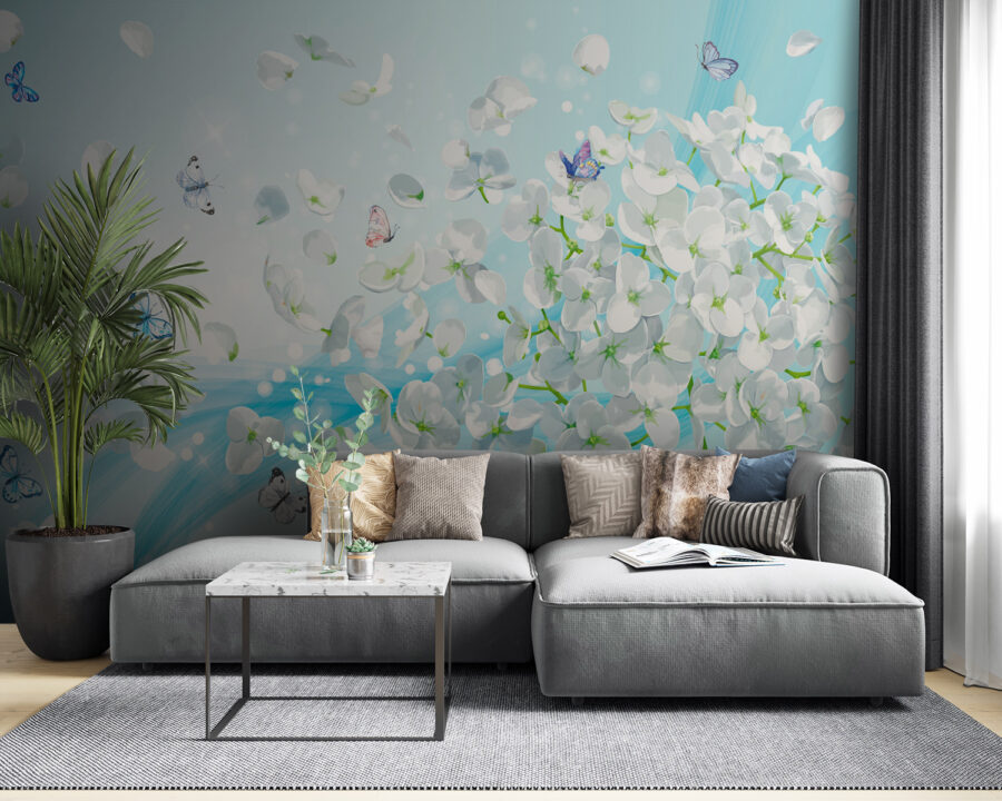White flowers with butterflies flying