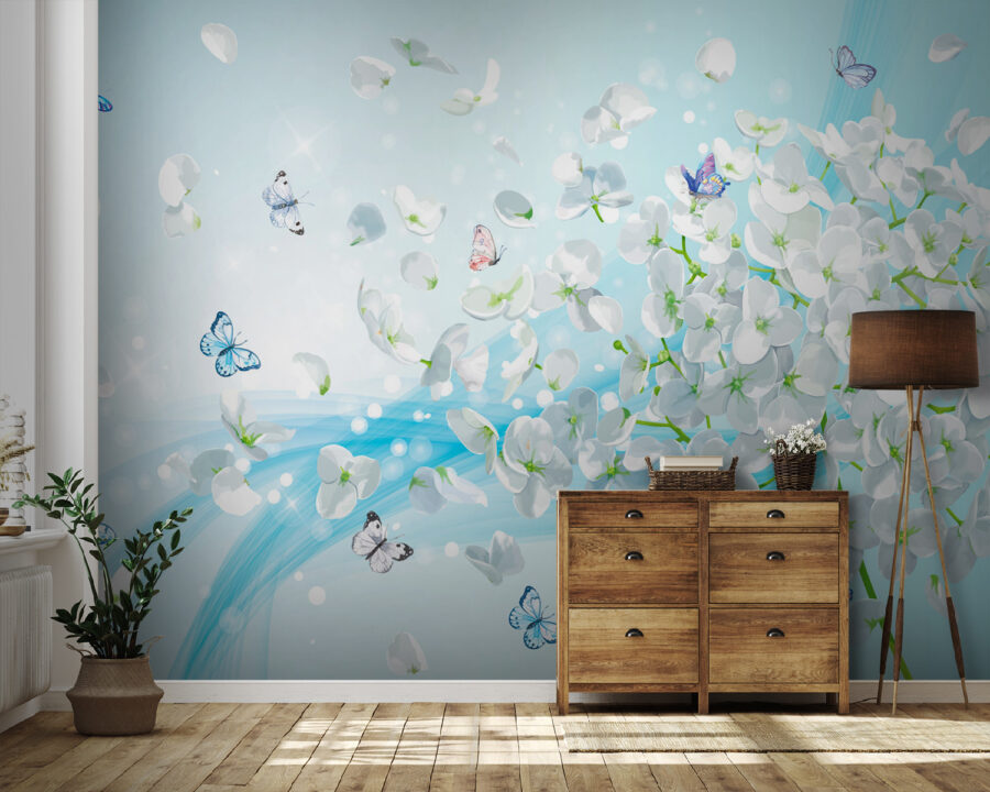 White flowers with butterflies flying