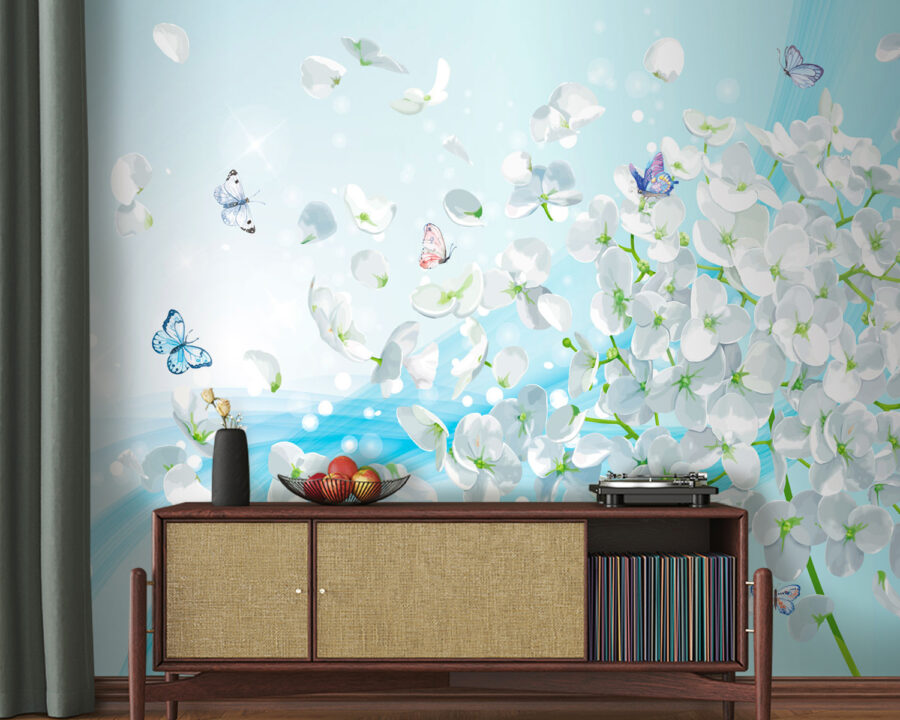 White flowers with butterflies flying