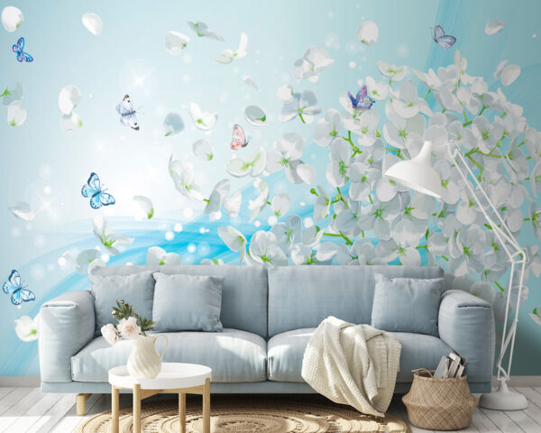 White flowers with butterflies flying White flowers with butterflies flying