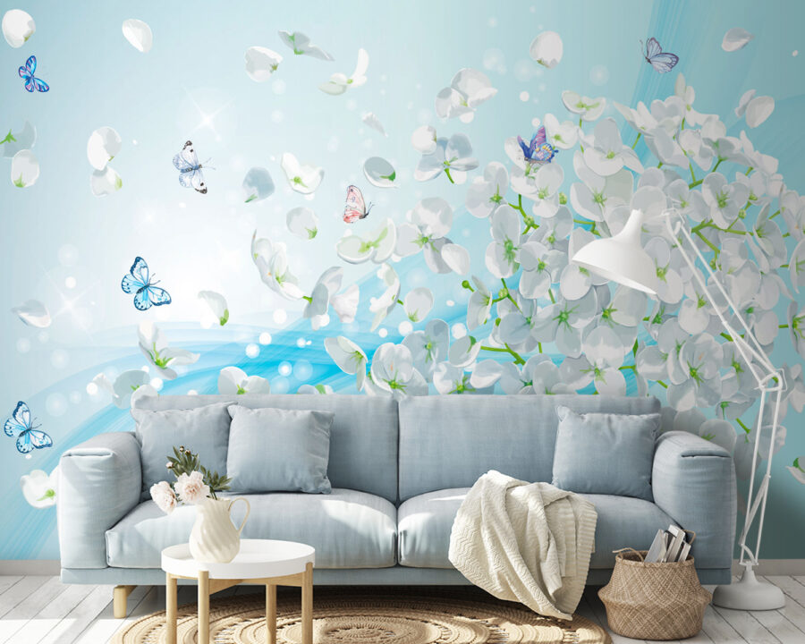 White flowers with butterflies flying