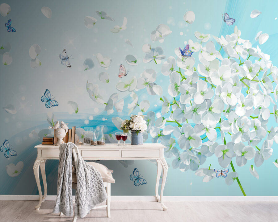 White flowers with butterflies flying