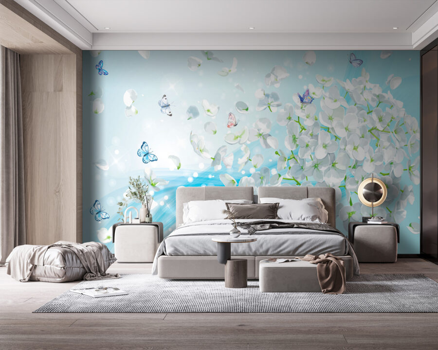 White flowers with butterflies flying