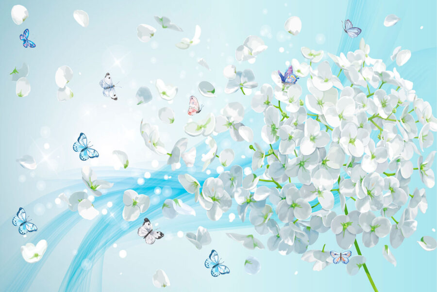 White flowers with butterflies flying