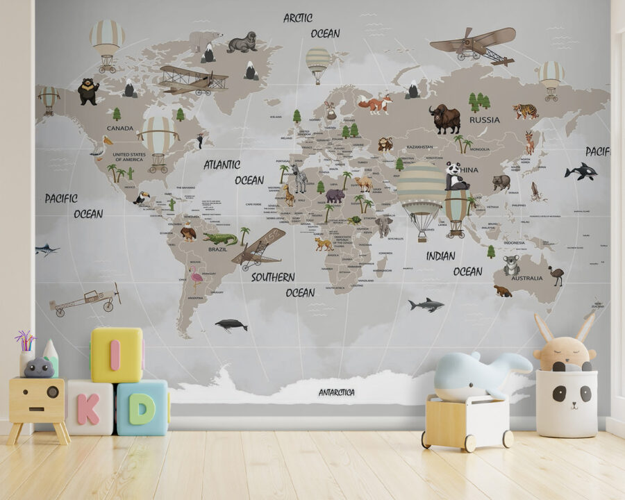 Map of the world with animals Map of the world with animals