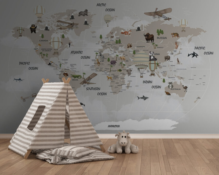 Map of the world with animals Map of the world with animals