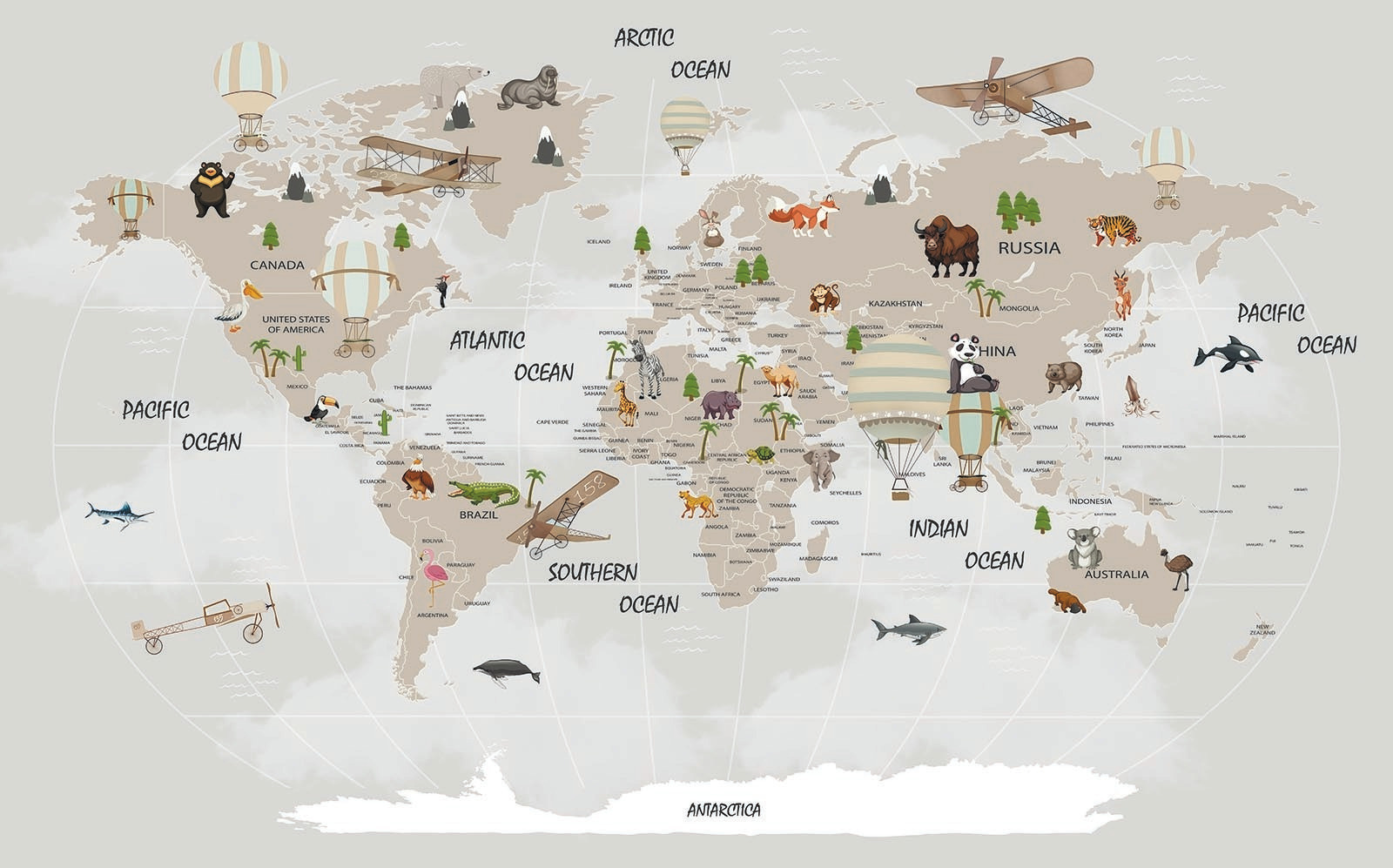 u93386p - Map of the world with animals - tegory