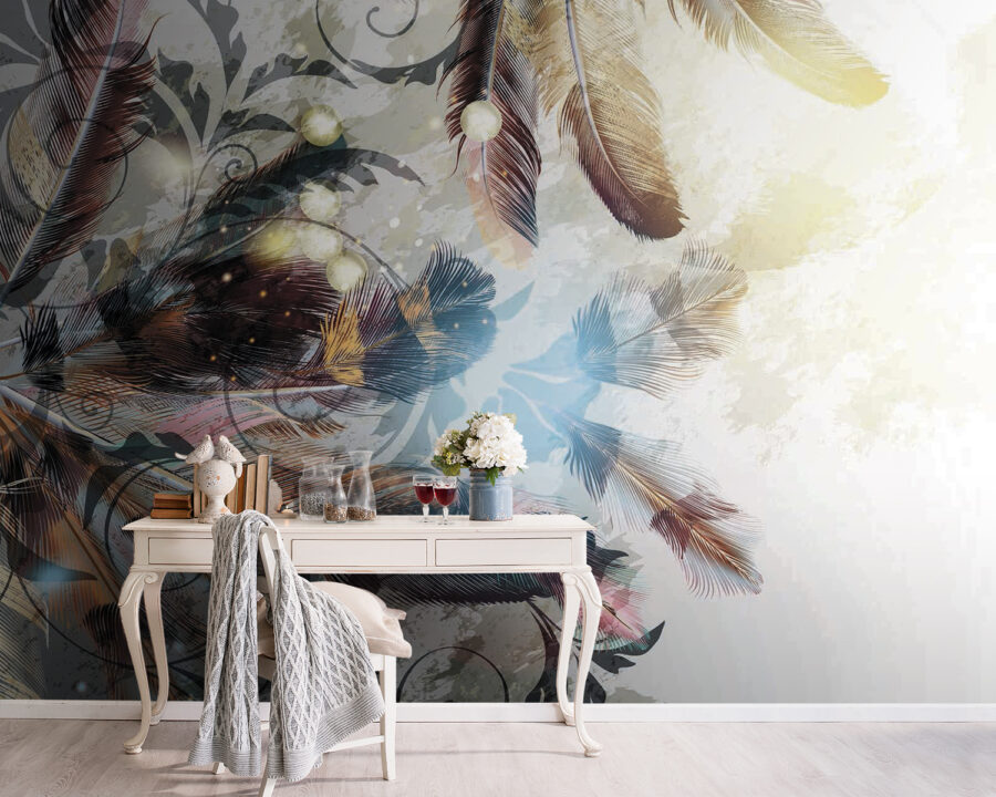Colorful feathers and intricate patterns
