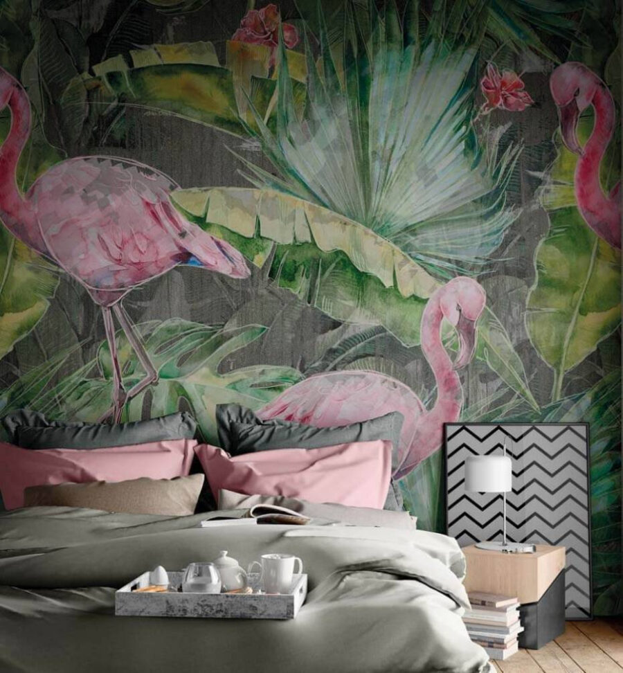 Pink flamingo and green leaves