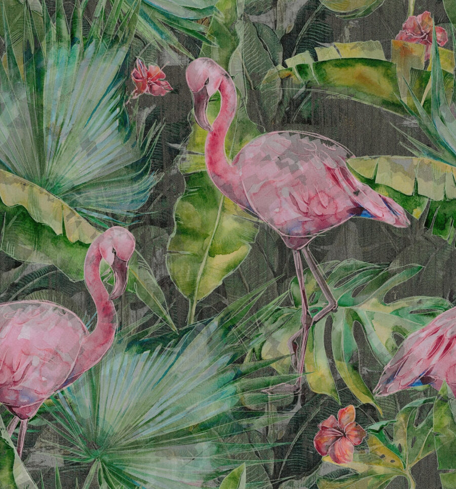 Pink flamingo and green leaves