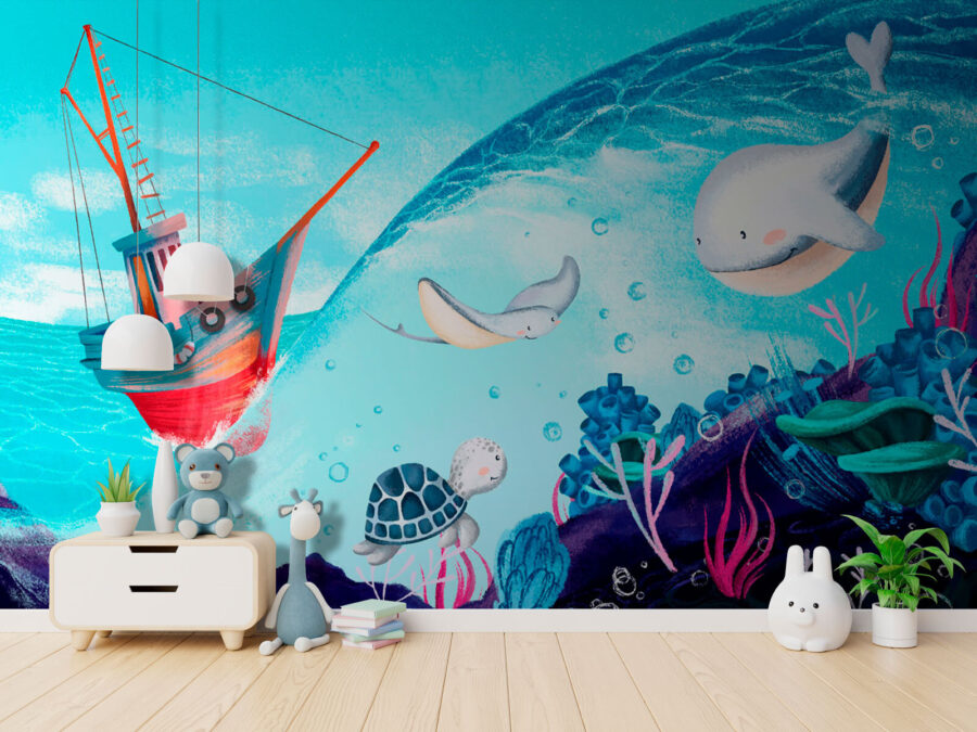 Wall murals Cartoon of a boat and sea animals - Image 3