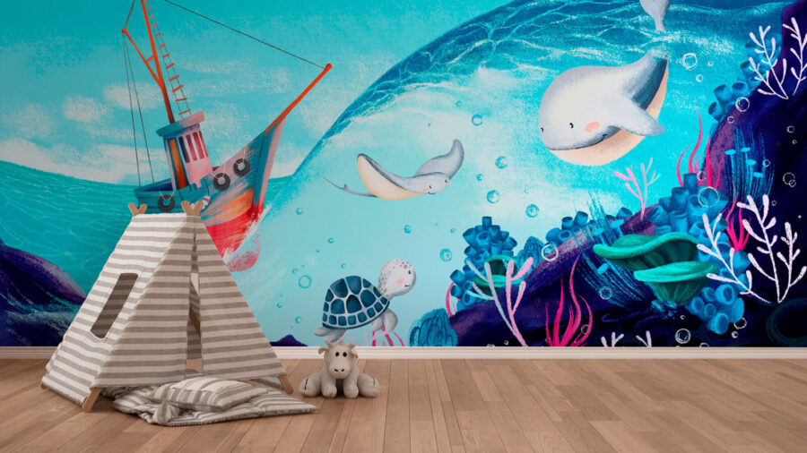 Wall murals Cartoon of a boat and sea animals - Image 2