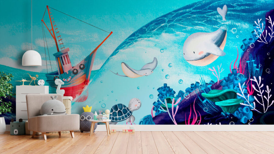 Wall murals Cartoon of a boat and sea animals