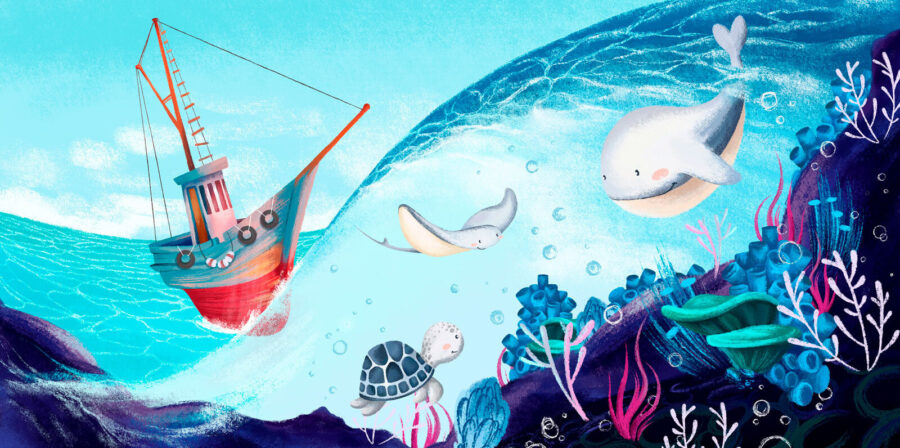 Wall murals Cartoon of a boat and sea animals - Image 6
