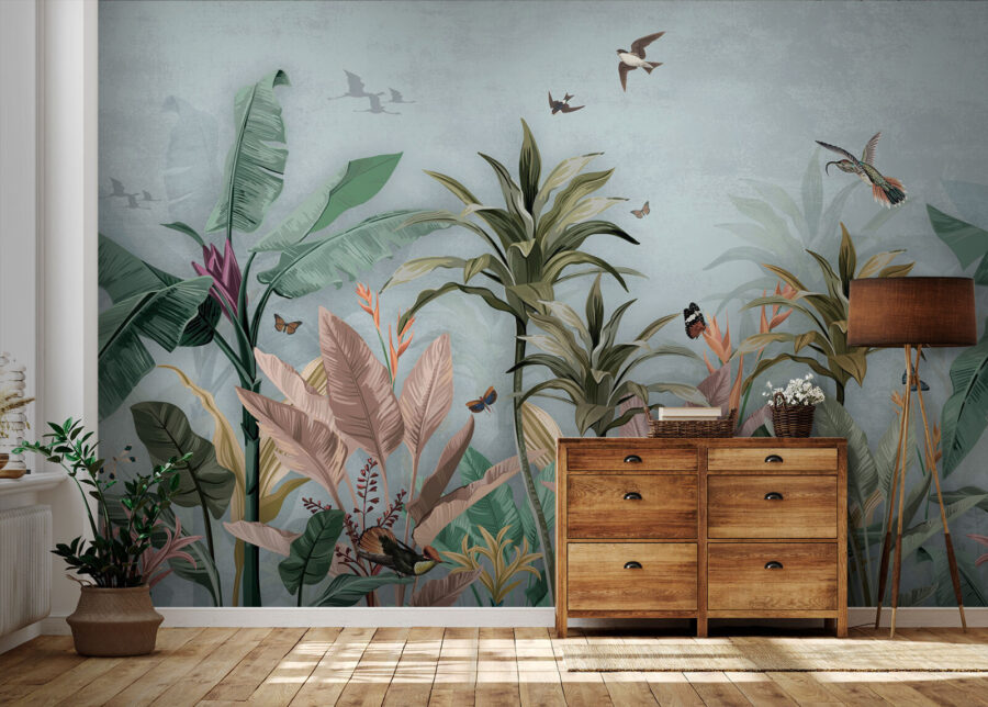 Wall murals Wallpaper with tropical plants and birds