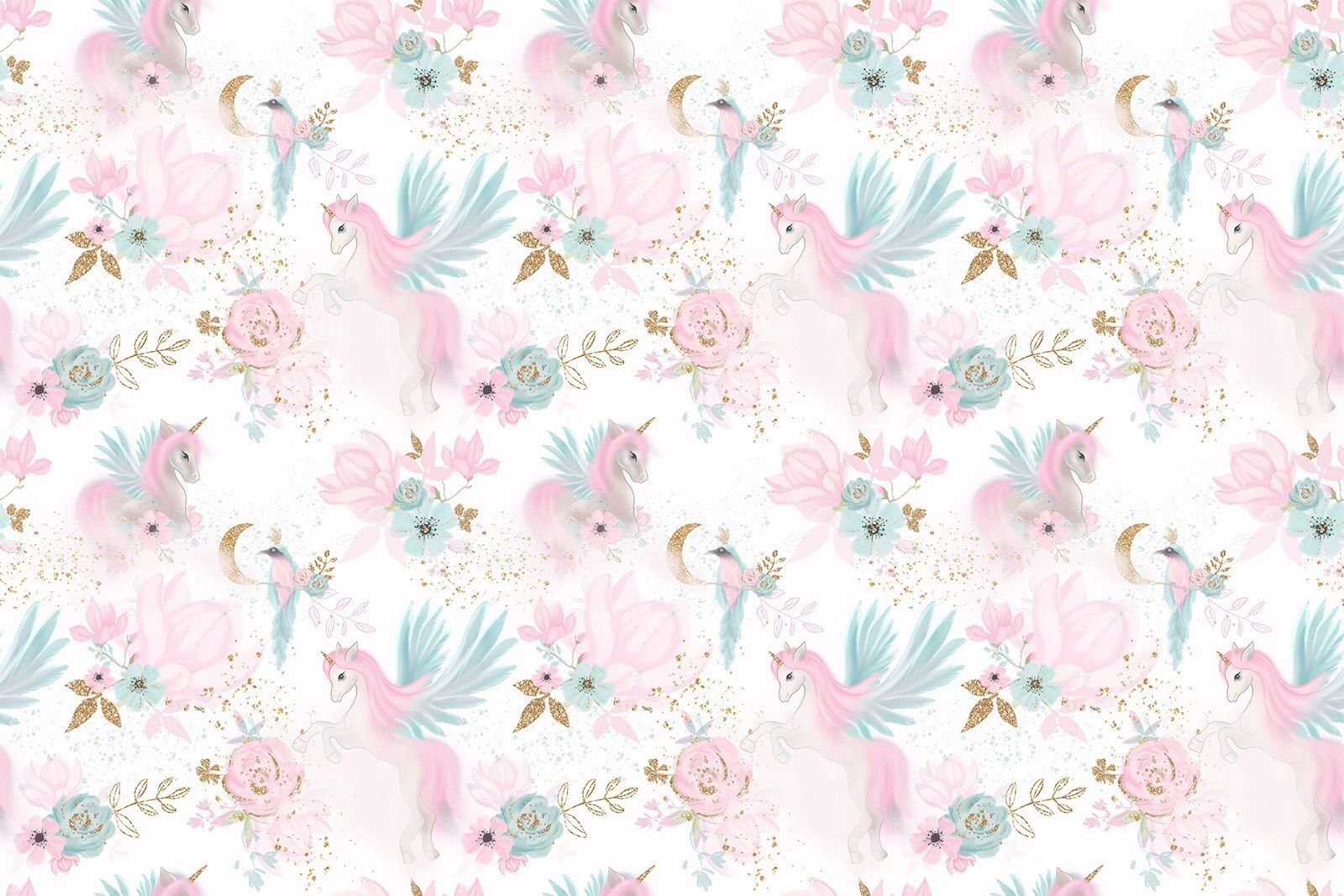 Pattern of pink and blue unicorns and flowers
