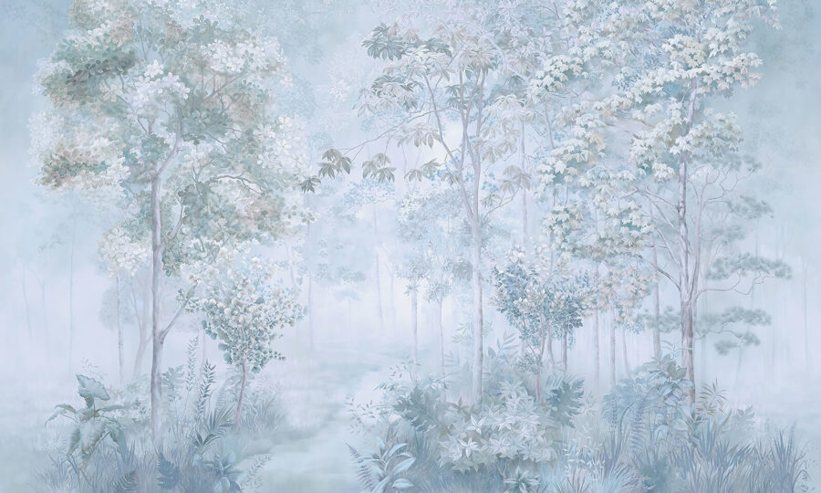 Foggy forest with trees and plants