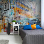 Wall murals Drawing of a car on a street corner