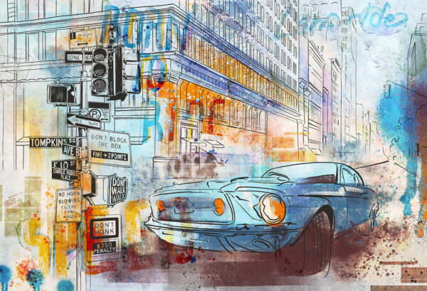 Drawing of a car on a street corner Drawing of a car on a street corner