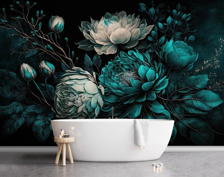 Emerald blooms on a dark background.