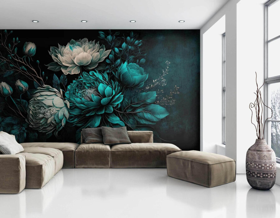 Emerald blooms on a dark background.