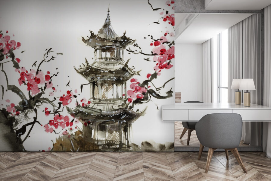 Painting of a pagoda and cherry blossoms