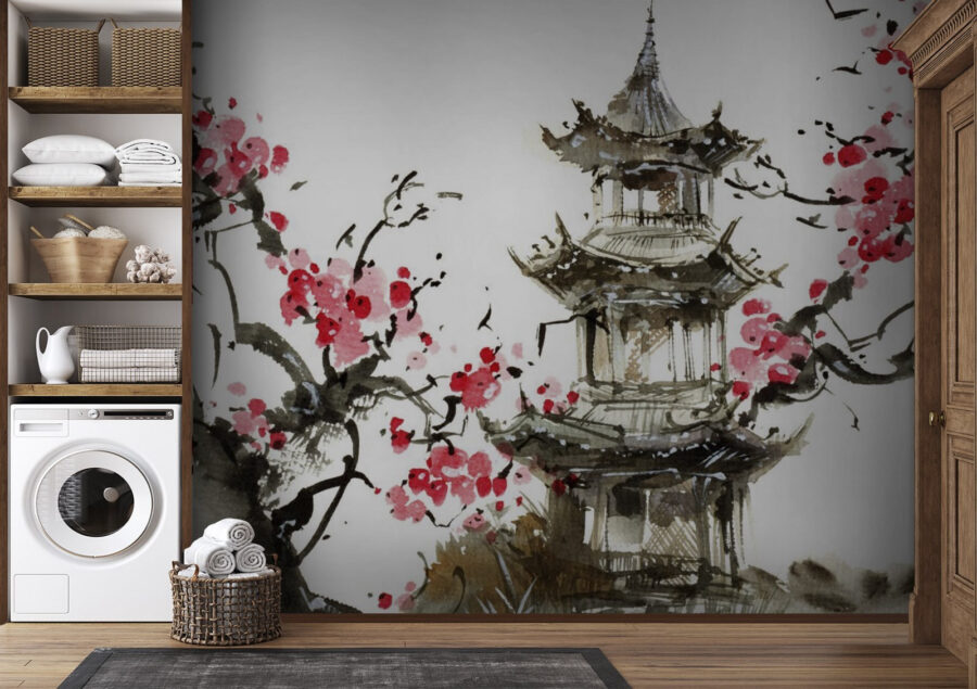 Painting of a pagoda and cherry blossoms