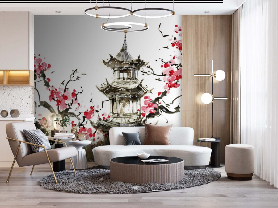 Painting of a pagoda and cherry blossoms