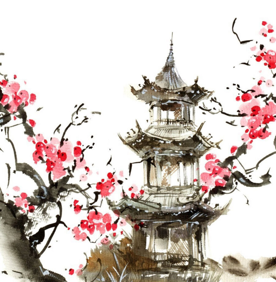 Painting of a pagoda and cherry blossoms