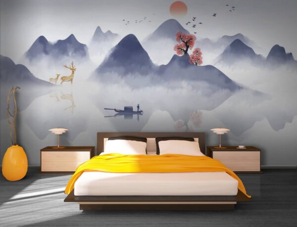 Wall murals Painting of a boat on a mountain with trees and mountains in the background (SKU: u72989) Wall murals Wall murals Painting of a boat on a mountain with trees and mountains in the background (SKU: u72989)