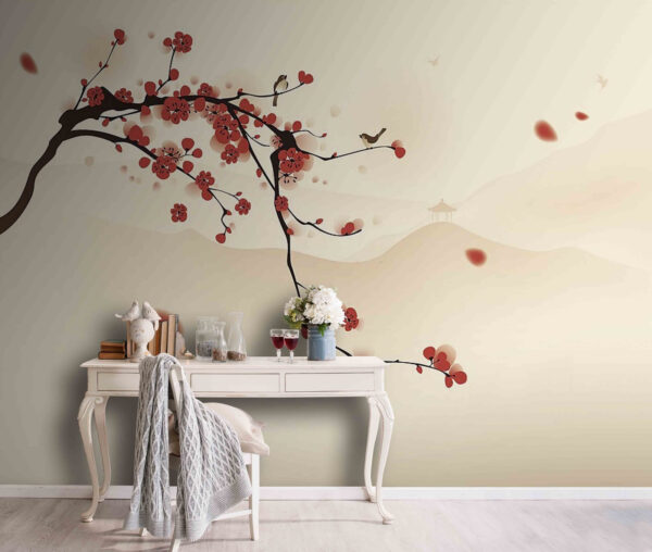 Branch with red flowers and birds flying in the sky Branch with red flowers and birds flying in the sky
