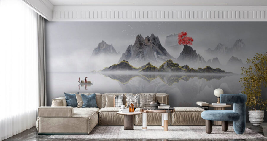 Mountain range with a red tree in the middle of the water