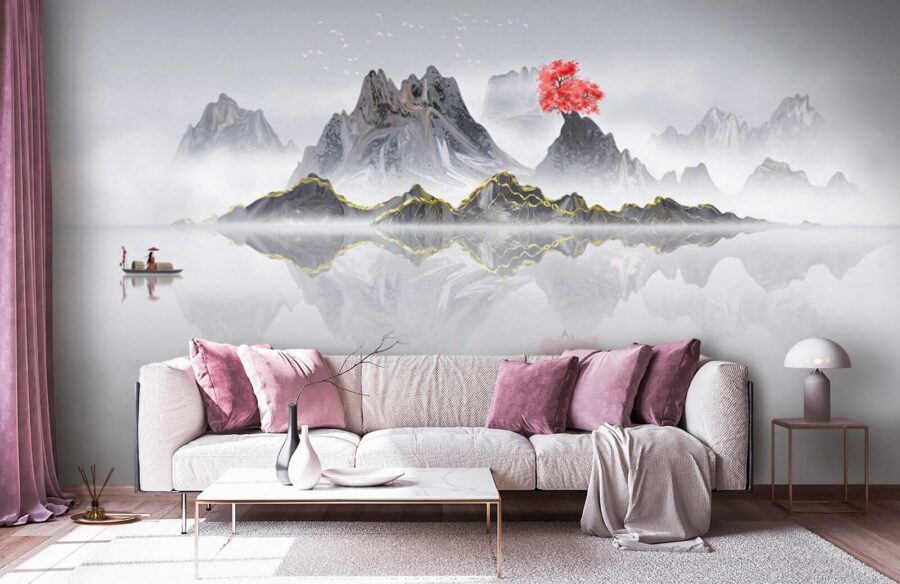 Mountain range with a red tree in the middle of the water