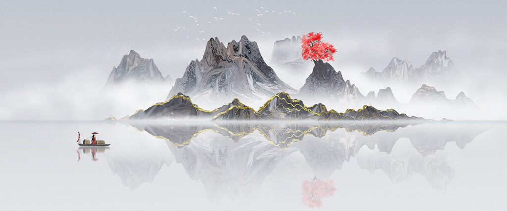 Mountain range with a red tree in the middle of the water Mountain range with a red tree in the middle of the water