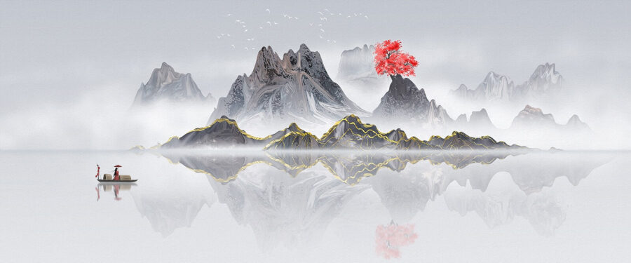 Mountain range with a red tree in the middle of the water