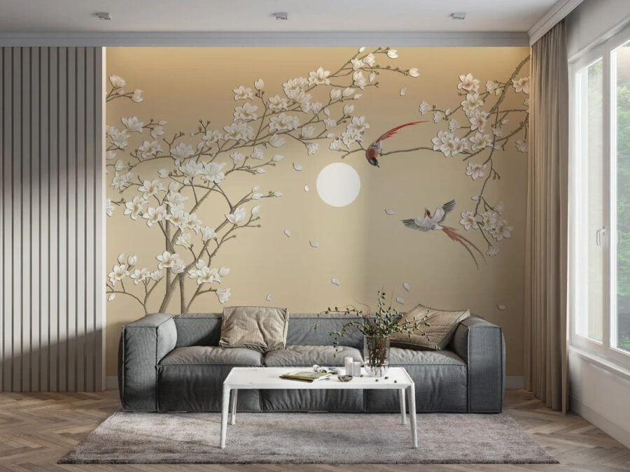 Tree with white flowers and birds Tree with white flowers and birds