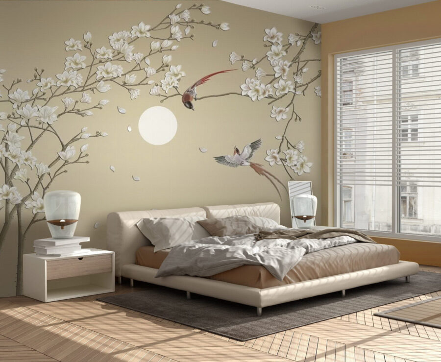 Tree with white flowers and birds Tree with white flowers and birds