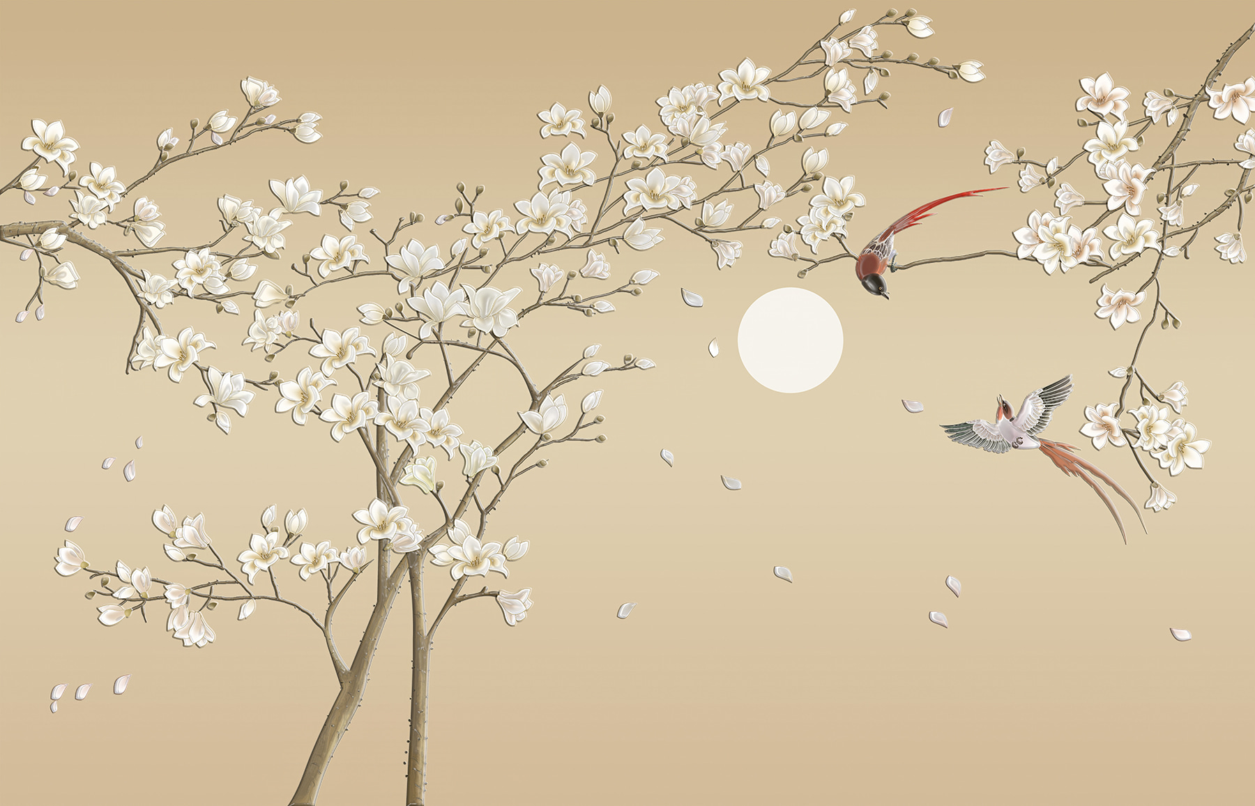 Tree with white flowers and birds Tree with white flowers and birds