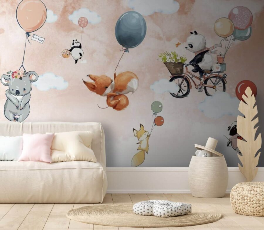 Cartoon animals flying with balloons