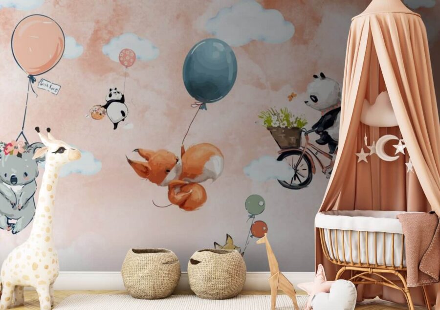 Cartoon animals flying with balloons