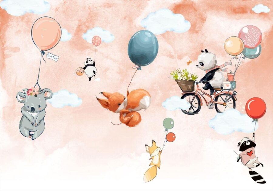 Cartoon animals flying with balloons