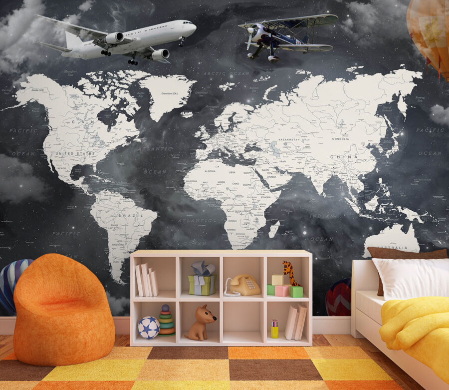 Wall murals Map of the world with airplanes and hot air balloons - Image 3